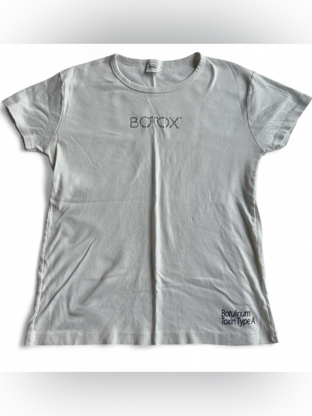 Botox Bedazzled Silver Rhinestone White Short Sleeve Tee 100% Cotton Size XL